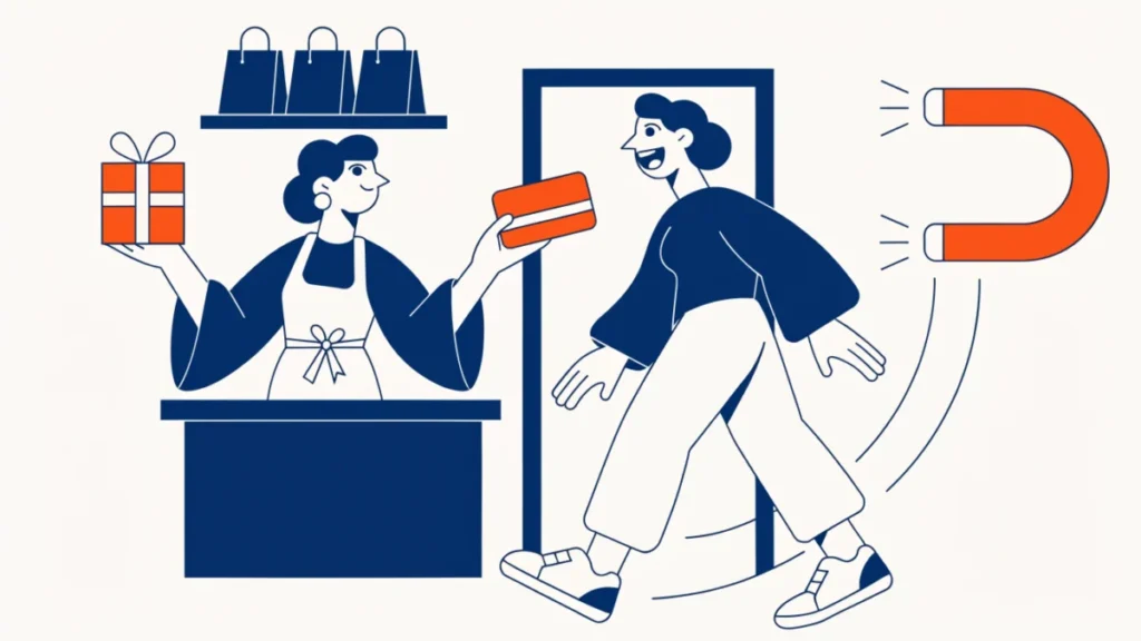 Shop owner giving a loyalty card and gift to a returning customer