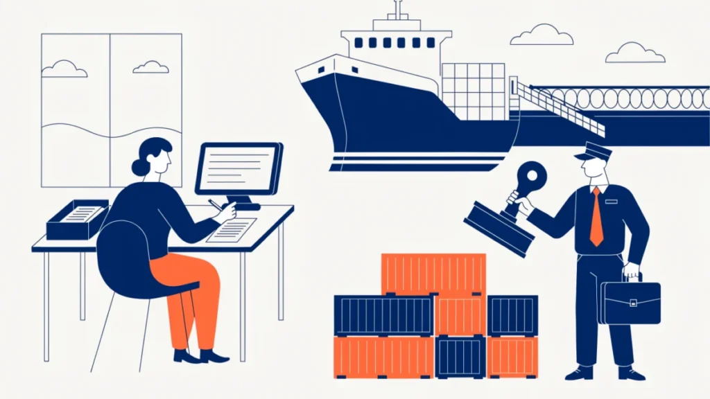 Customs broker checking shipping documents at a port beside containers
