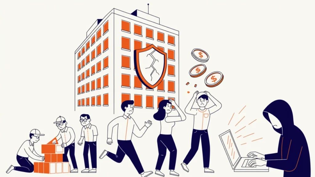 Office with a cracked digital shield as an IT team rebuilds defences