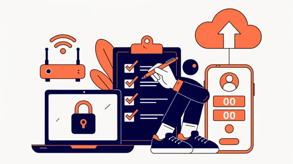 Founder ticking a security checklist beside a locked laptop