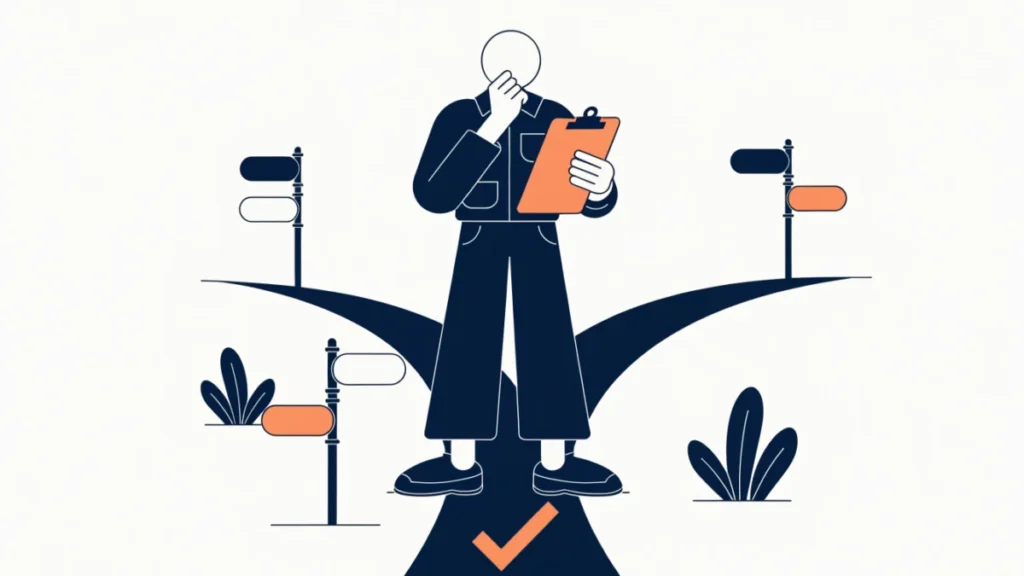 Manager at a fork weighing options with a checkmark on the chosen path