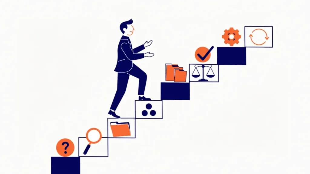 Manager climbing eight steps from problem to feedback, illustrating the decision-making process