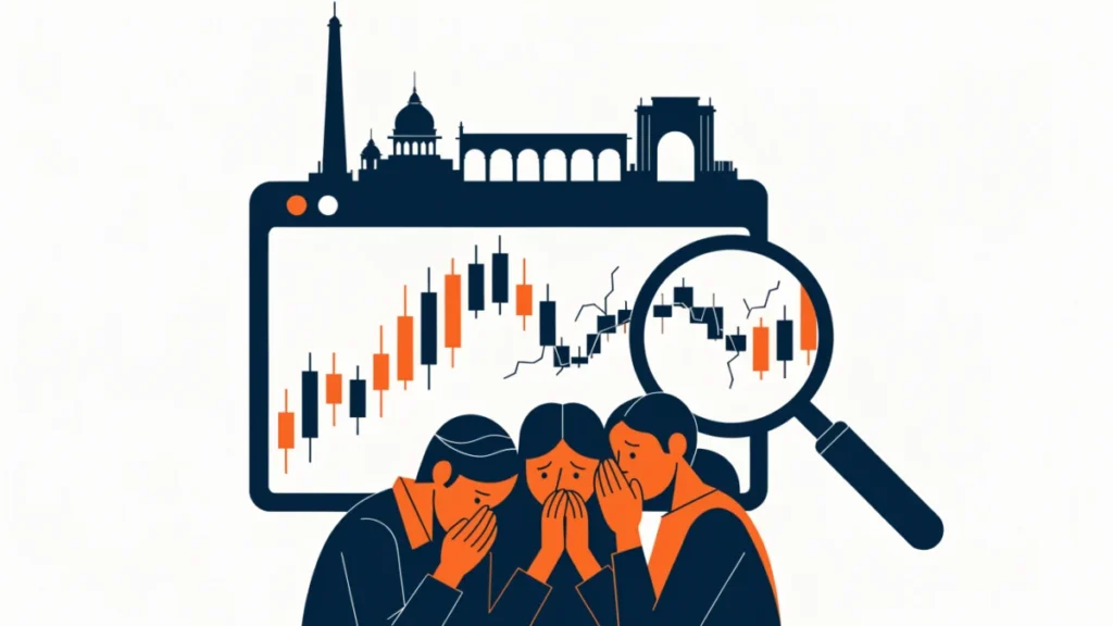 Investors examining a cracked stock chart illustrating defects of the Indian capital market