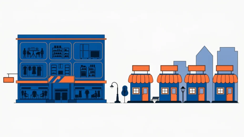 One large department store beside a row of chain shops, illustrating departmental store vs chain store