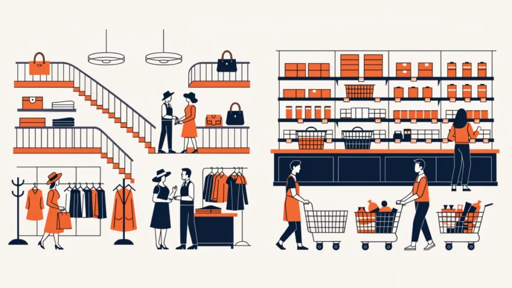 Department store with salespeople beside a self-service supermarket, illustrating the difference between them