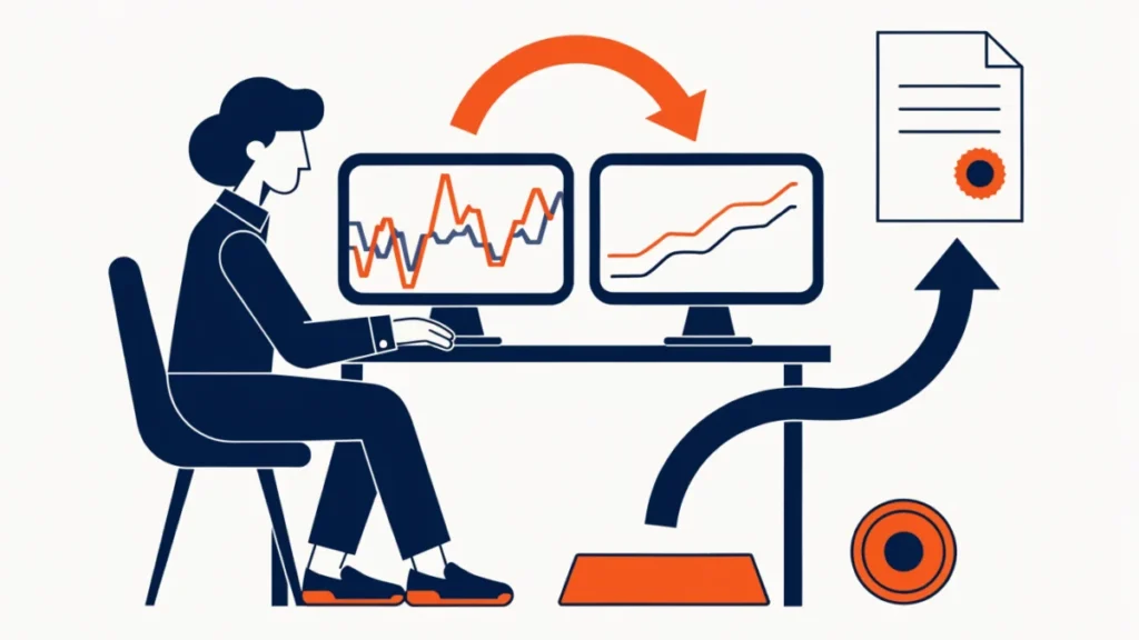 Trader with option and futures curves linked to gold, shares and currency