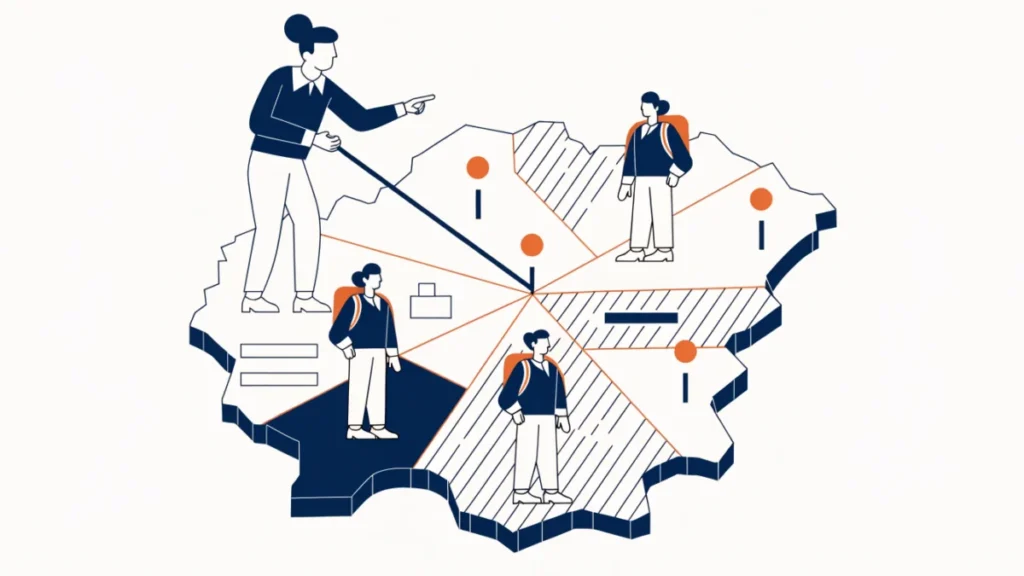 Sales manager dividing a map into balanced zones, illustrating sales territory design