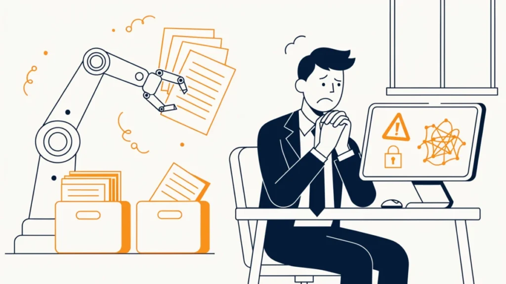Robot arm processing loan files beside a worried banker with warning and padlock icons, illustrating risks of AI in finance