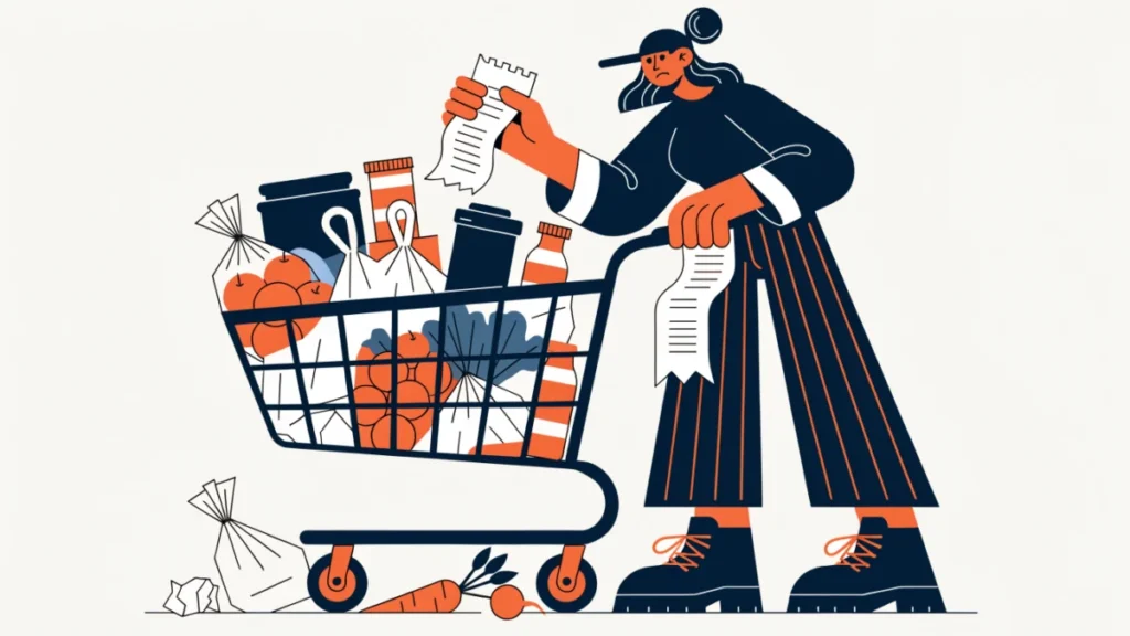 Shopper with an overflowing cart of impulse buys and packaging, illustrating grocery store disadvantages