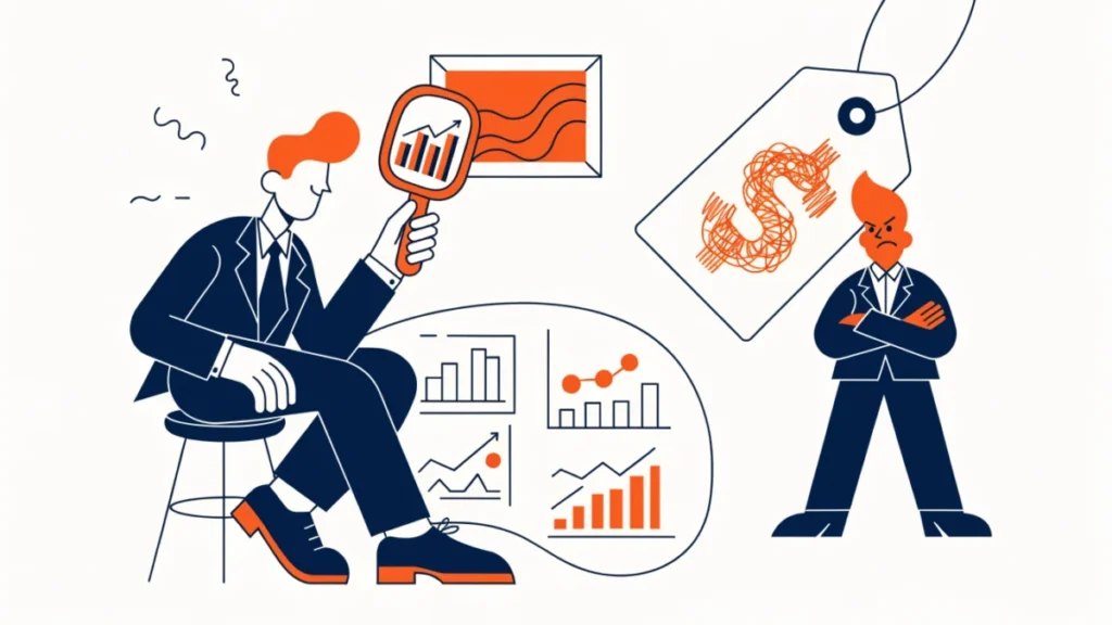 Accountant viewing past-only reports with cost and resistance icons, illustrating limits of management accounting