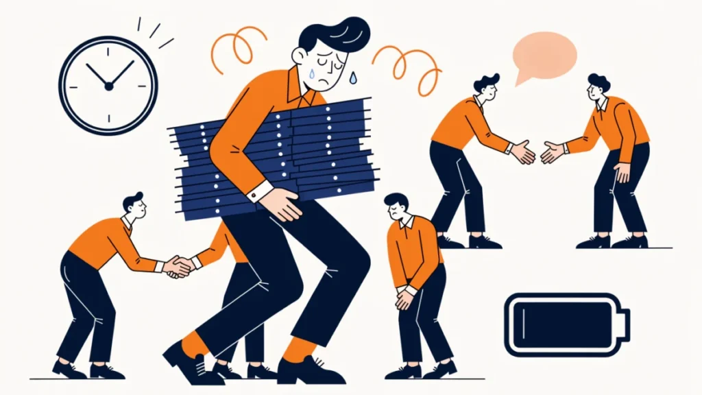 Tired professional with a stack of business cards at a crowded event, illustrating networking downsides
