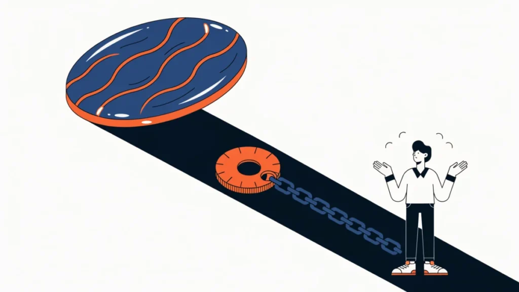 Brand label casting a dark shadow over a shopper, illustrating disadvantages of branding