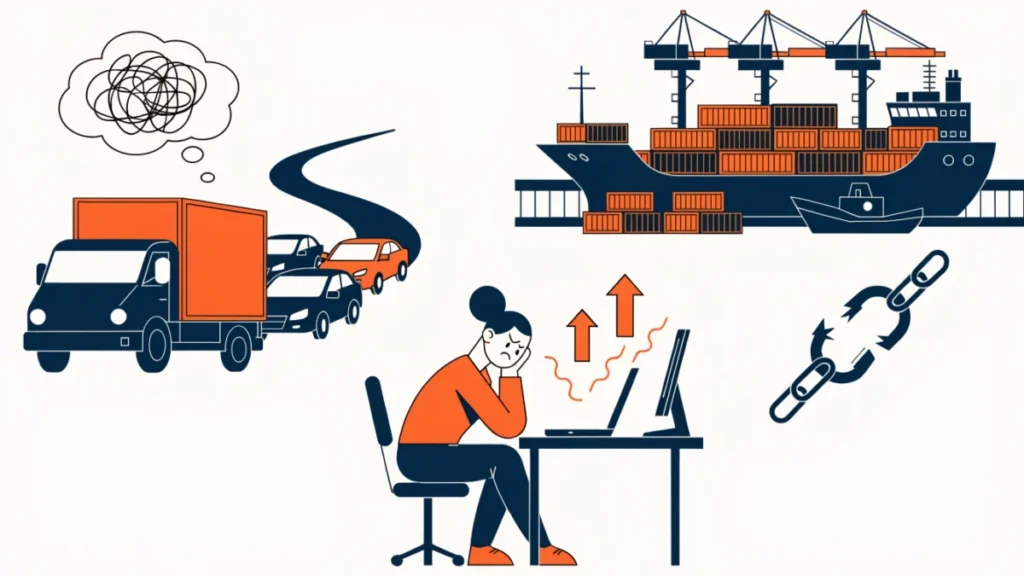 Truck in traffic, waiting cargo ship and broken chain with rising costs, illustrating disadvantages of logistics