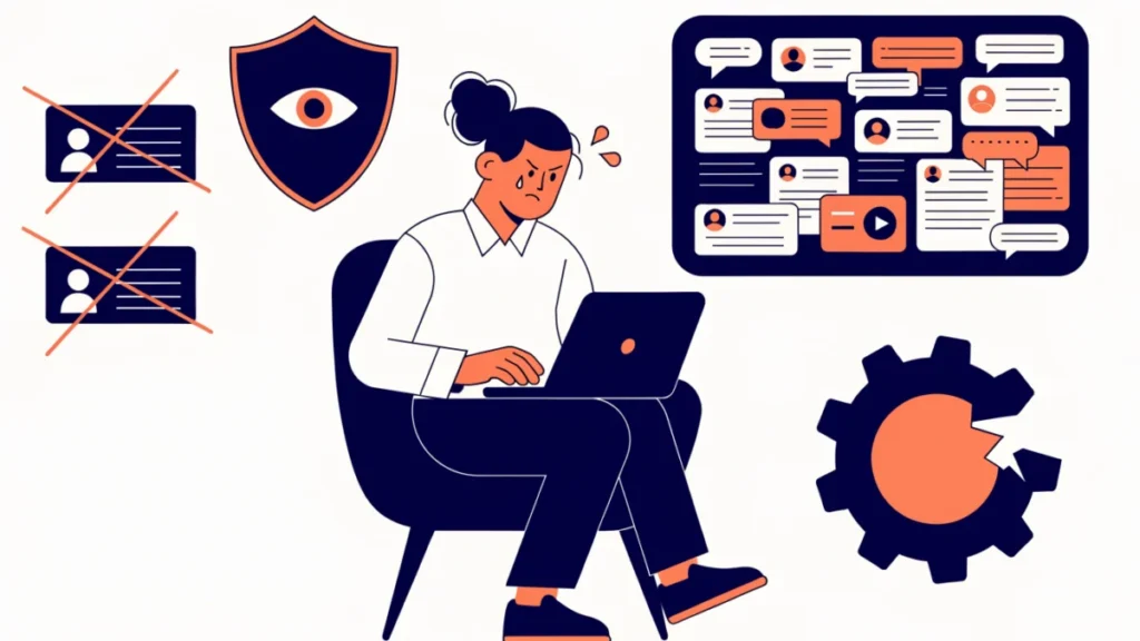 Marketer surrounded by blocked ads, privacy shields and a crowded feed, illustrating online marketing downsides