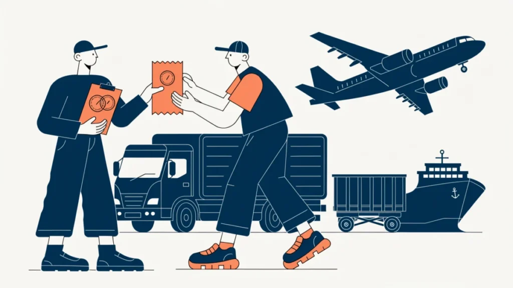 Warehouse keeper handing documents to a transporter, illustrating documents used in transportation and warehousing