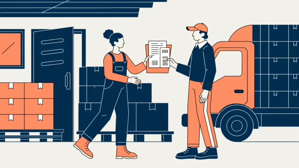 Dispatch clerk handing shipping documents to a truck driver, illustrating documents used in dispatching goods