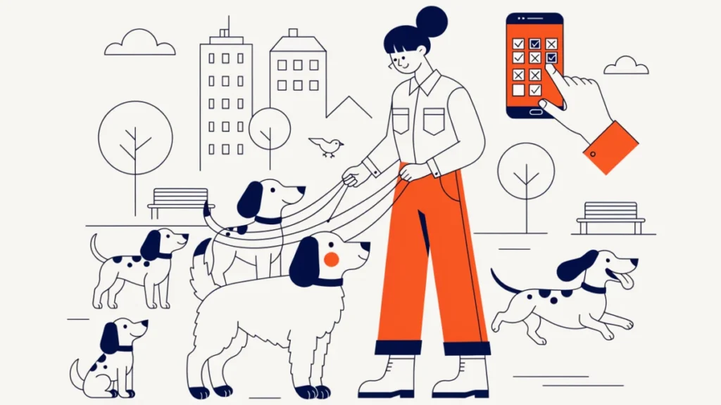 Dog walker with several dogs in a city park
