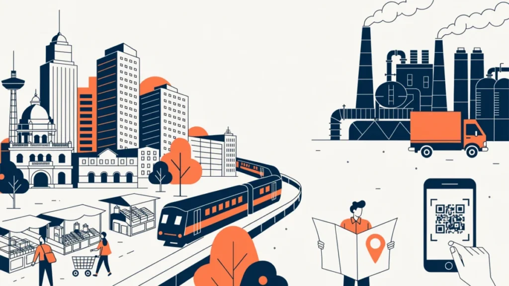 Indian city with a market street, metro, factory and mobile payment