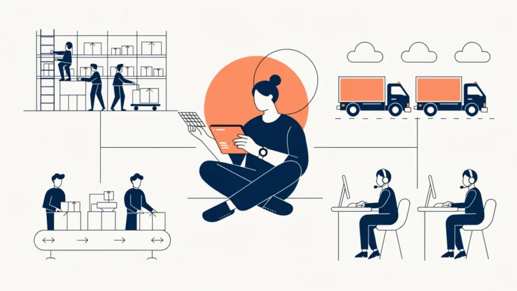 Logistics manager coordinating warehouse, packing, trucks and service desk, illustrating logistics duties