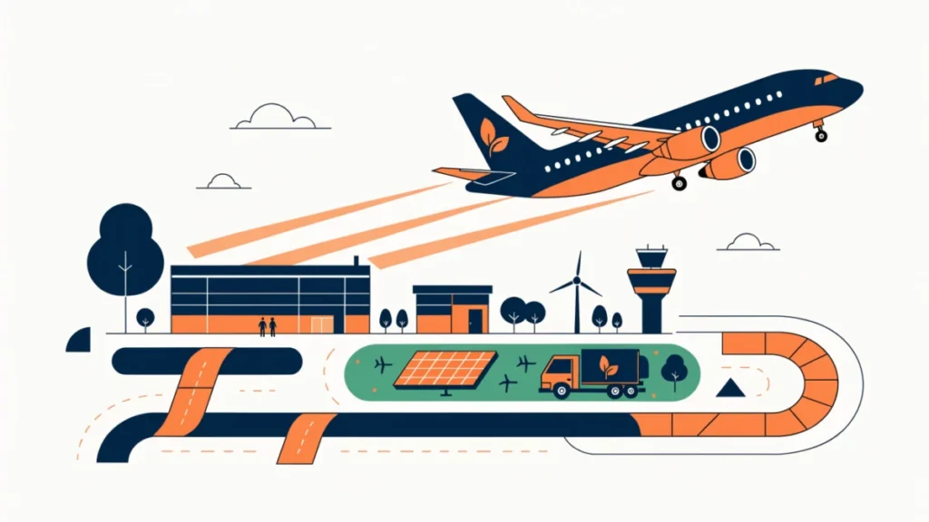 Efficient airliner leaving a green airport with solar panels and biofuel truck, illustrating eco-friendly aviation