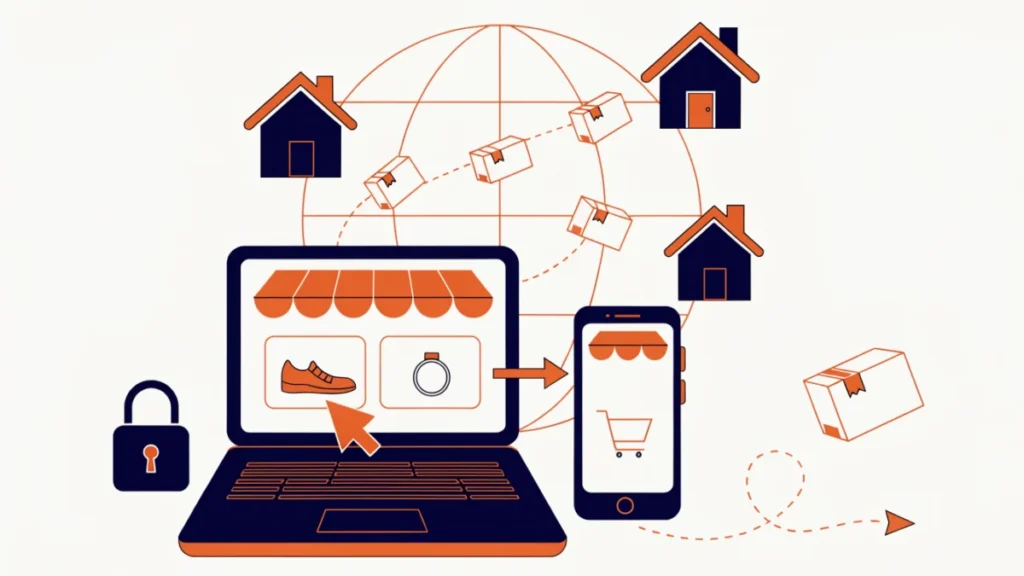 Online shop with parcels flying around a globe, a padlock and a return, illustrating e-commerce pros and cons