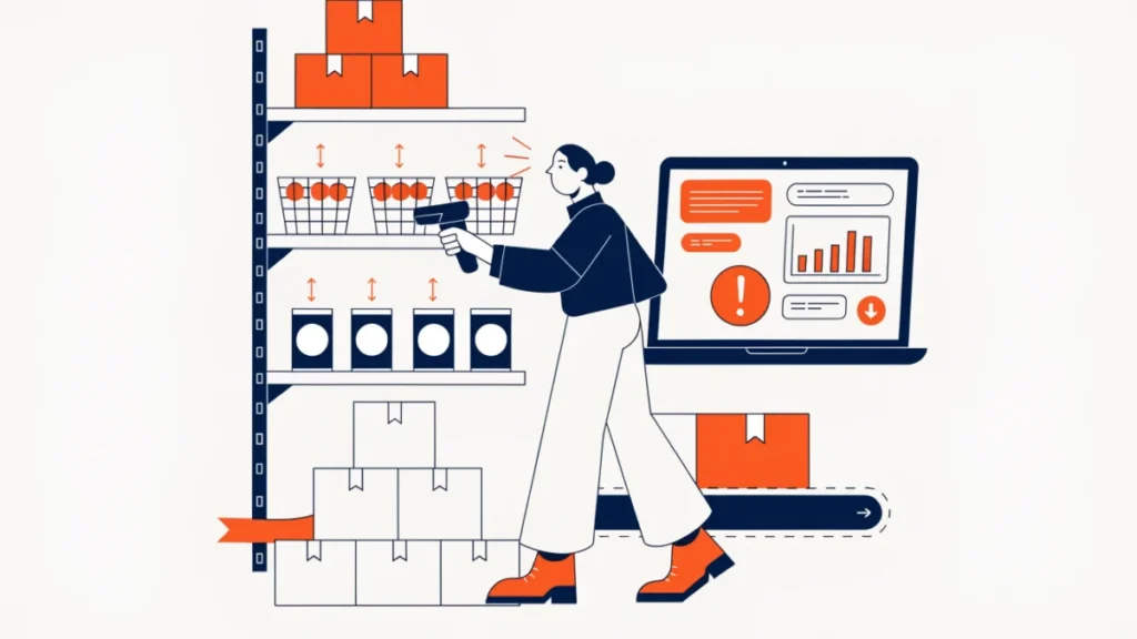 E-commerce warehouse worker scanning shelves beside a stock dashboard