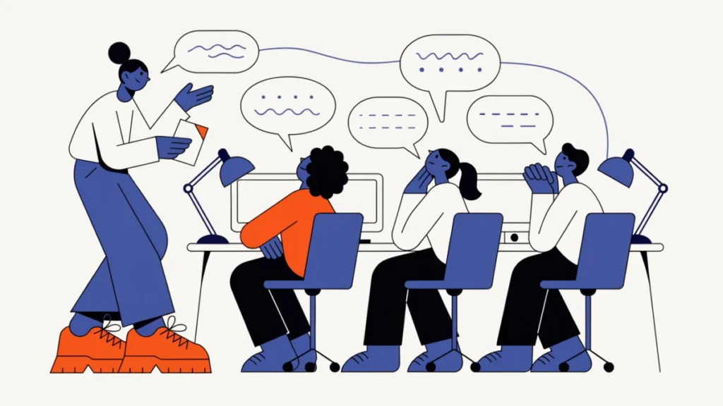 Colleagues exchanging clear speech bubbles in an open office