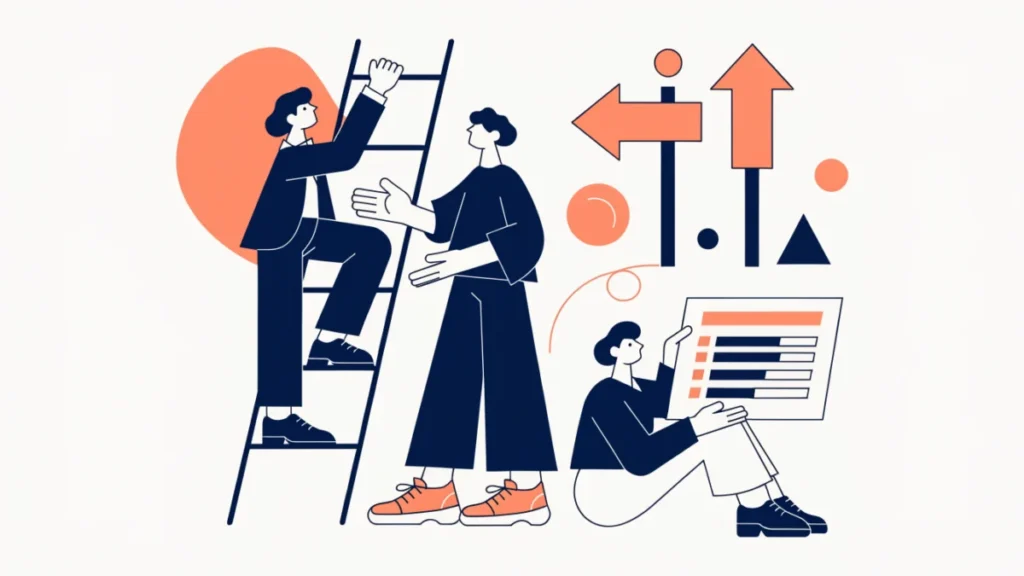 Employee climbing a career ladder with a mentor, illustrating career development