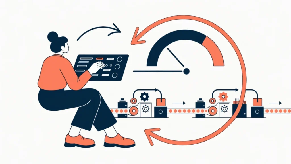 Manager comparing actual performance with a standard on a control panel, illustrating controlling