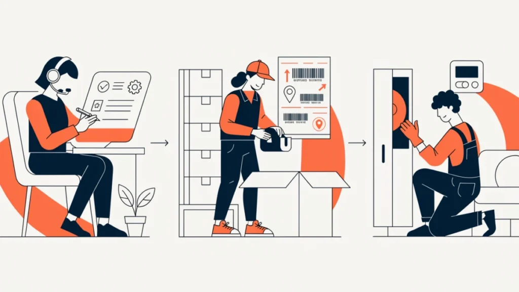 Support agent, order packing and home installation steps, illustrating elements of customer service