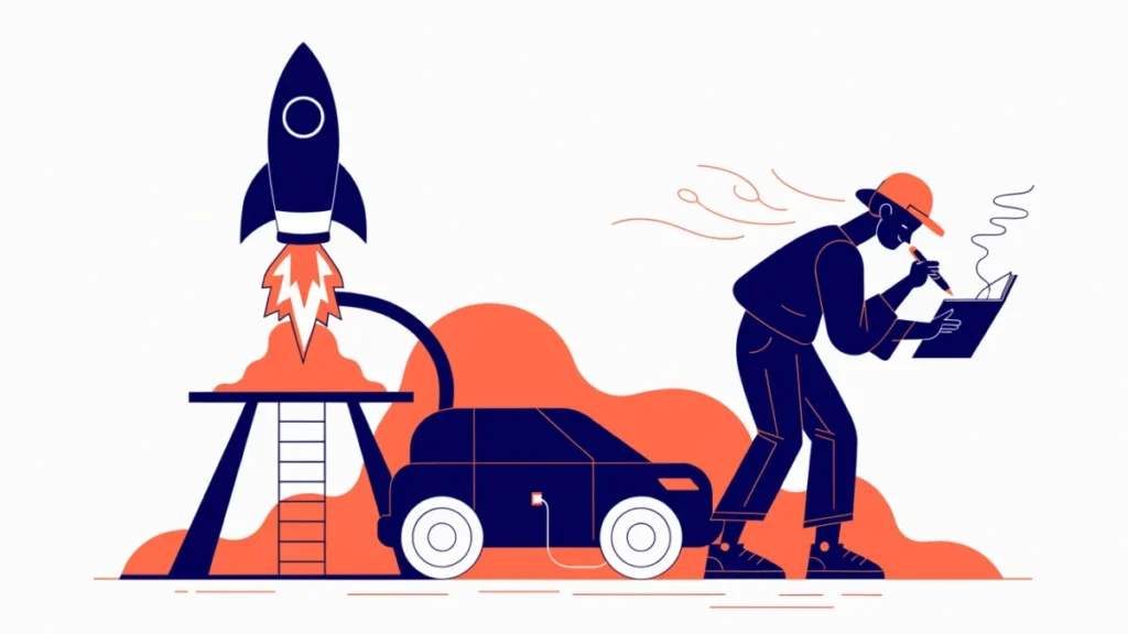Rocket launch beside an electric car and a young founder sketching ideas