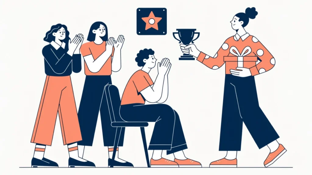 Manager giving an employee a trophy as colleagues applaud
