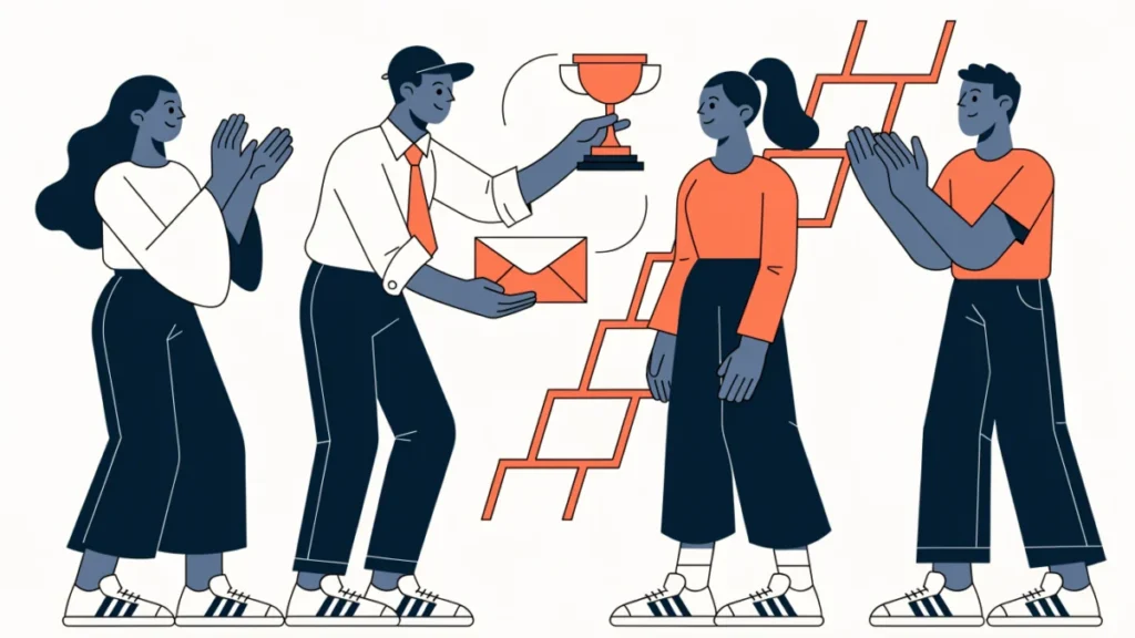 Manager presenting an employee with a trophy, bonus and career ladder