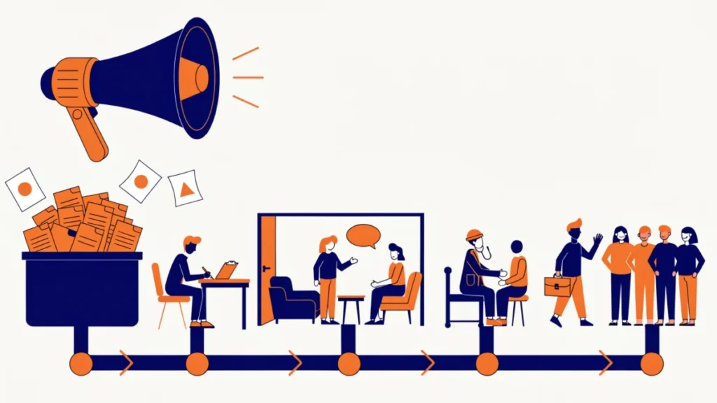 Hiring pipeline from job ad to interview and induction, illustrating employee selection