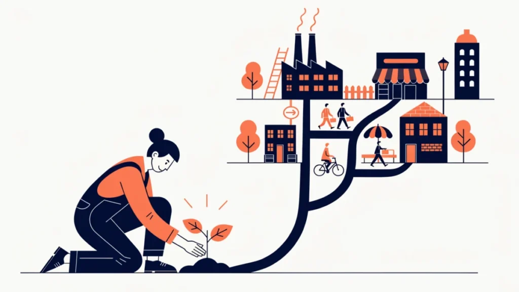 Entrepreneur planting a seedling that grows into a town with factories, shops and jobs