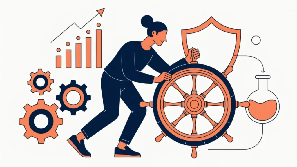 Entrepreneur steering a ship wheel surrounded by gears, growth chart and shield