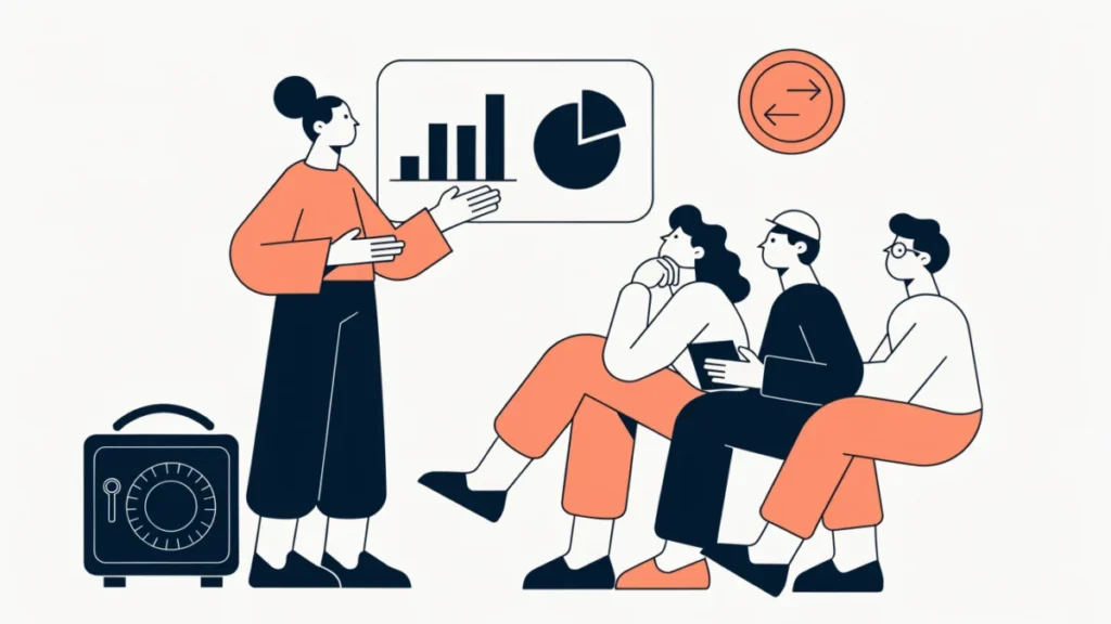 Business owner presenting a report to shareholders with safe and dividend icons