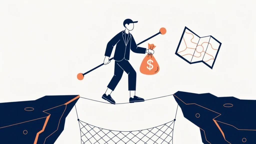 Entrepreneur on a tightrope with a money bag and safety net, illustrating entrepreneurial risk-taking