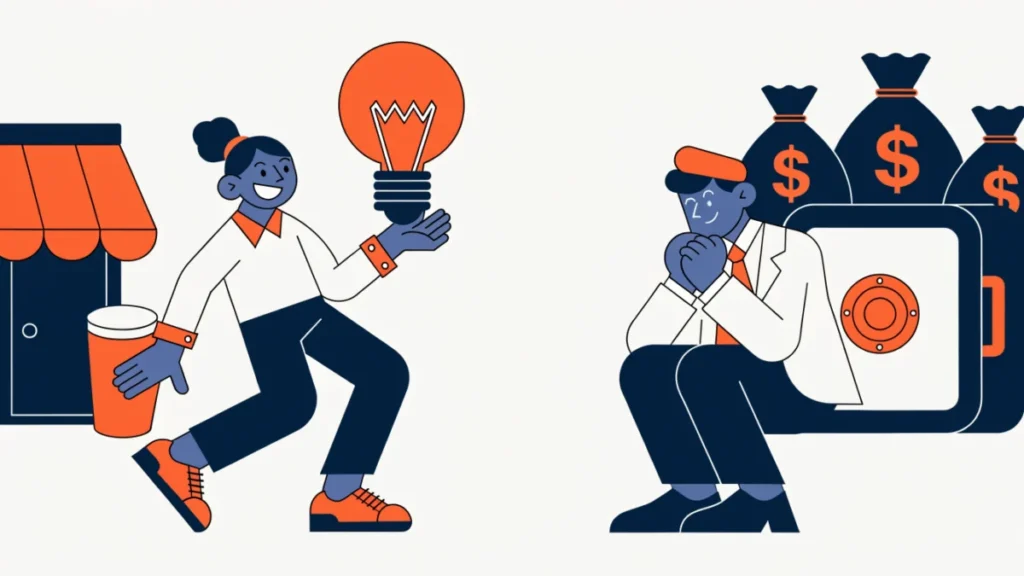 Entrepreneur with idea beside capitalist with money bags, illustrating the difference between entrepreneur and capitalist