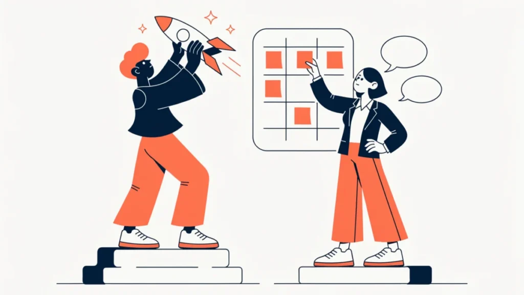 Founder launching an idea beside a manager organising a team schedule