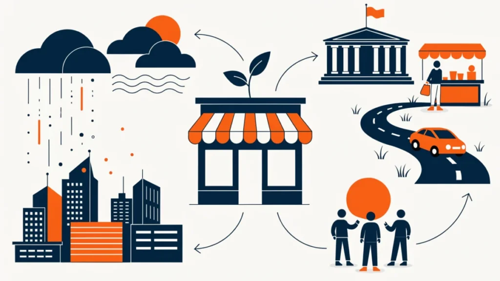 Startup shop surrounded by government, market, community and city, illustrating the entrepreneurial environment