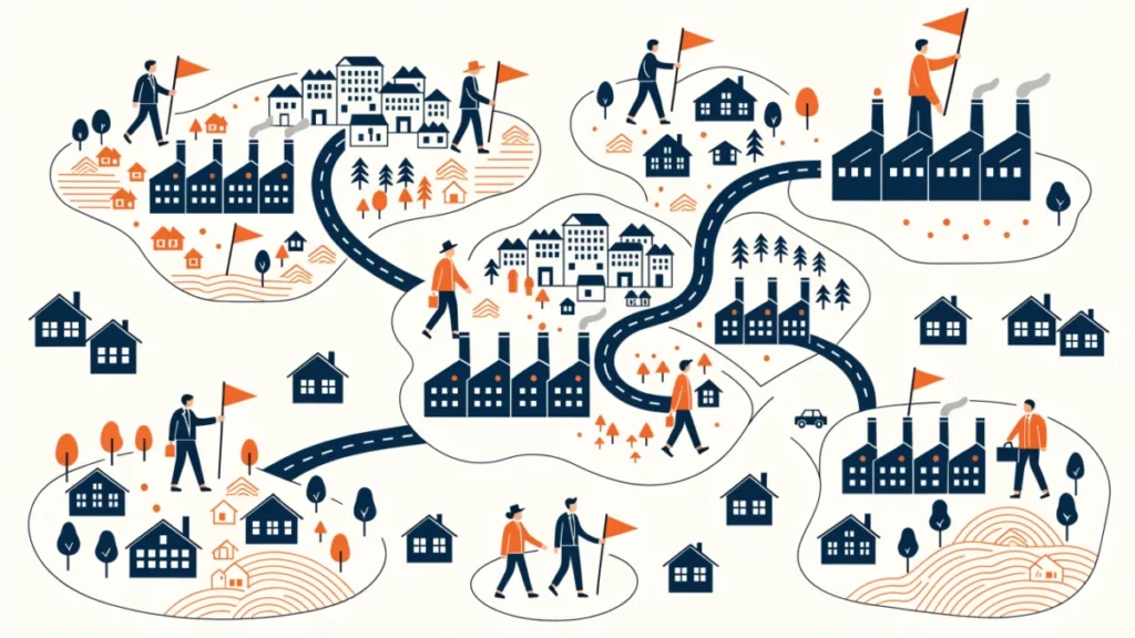 New factories appearing in rural regions on a map, illustrating balanced regional development