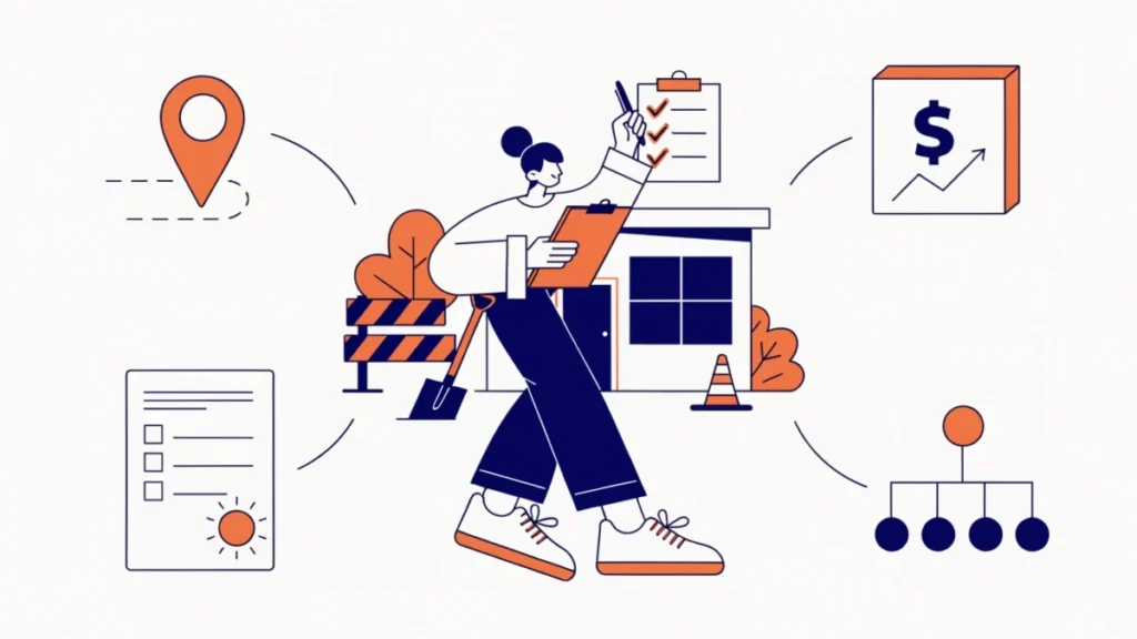 Entrepreneur ticking a checklist in front of a new business unit, illustrating setting up a business