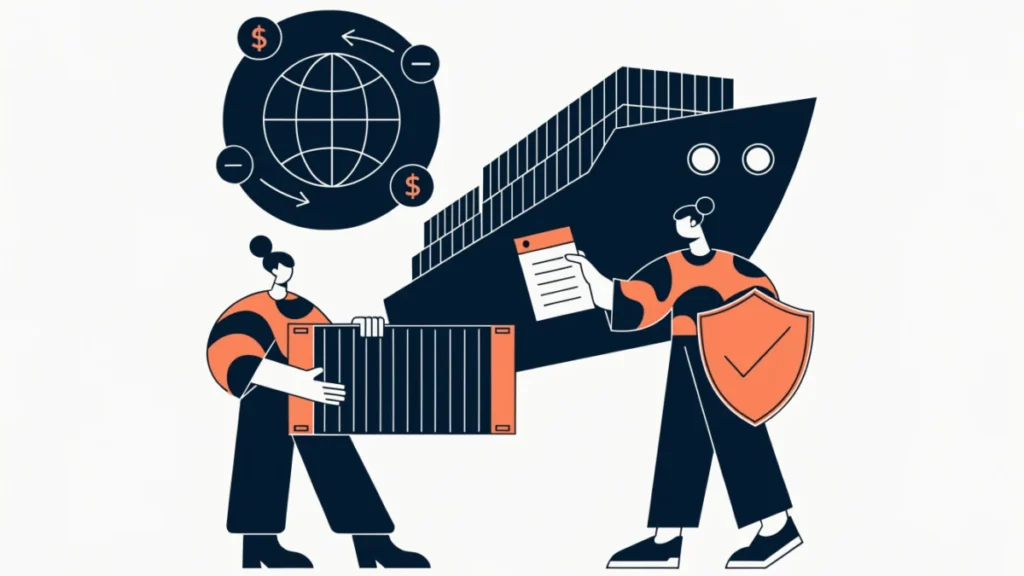 Exporter loading a container with a banker providing credit and insurance, illustrating export finance