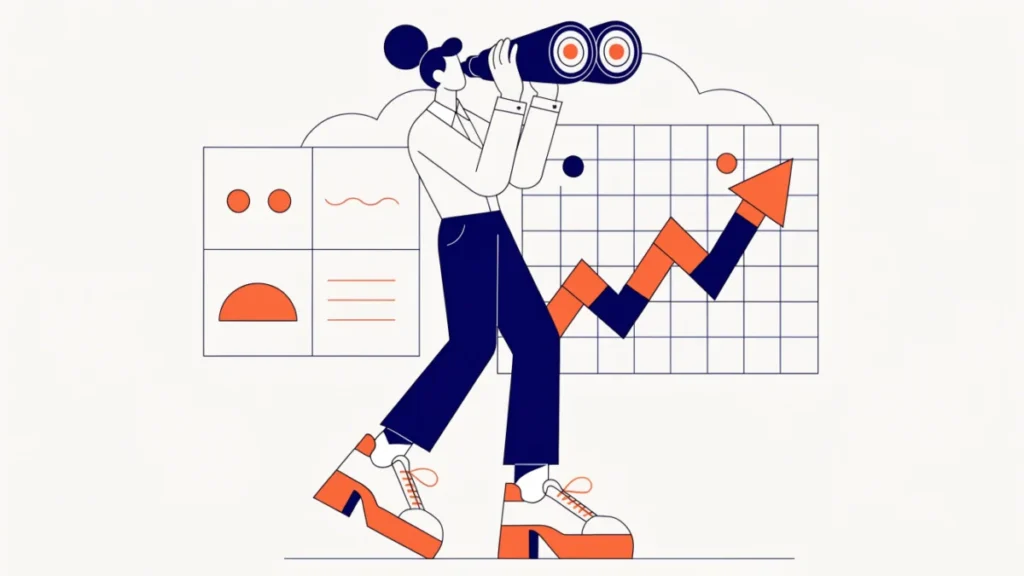 Analyst with binoculars beside a SWOT grid and forecast chart, illustrating external environmental analysis