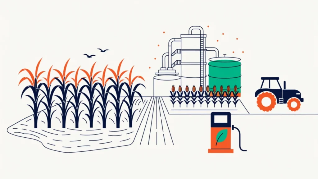 Crop fields feeding a biofuel refinery and a green fuel pump