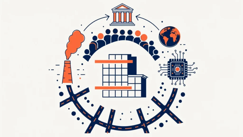 Company surrounded by government, society, global and technology icons, illustrating the business environment