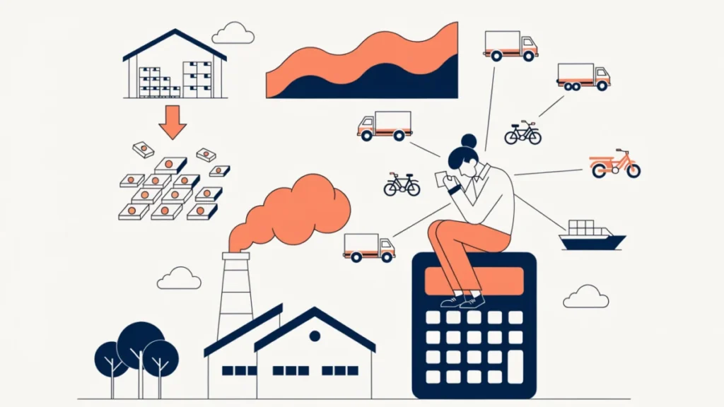 Finance manager calculating funding beside a factory and trade-cycle graph, illustrating business finance