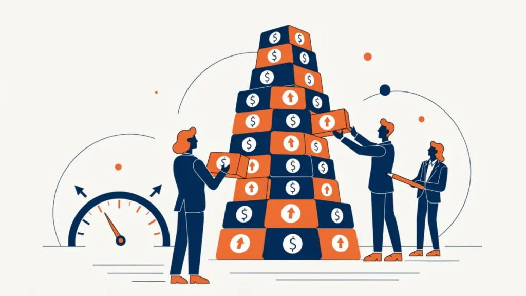 Company tower of loan and share blocks with a risk gauge, illustrating capital structure