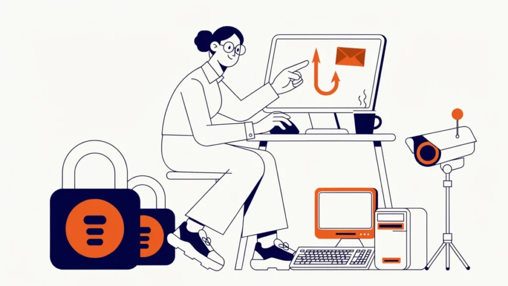 Worker about to click a phishing hook surrounded by weak security